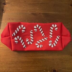 MUDPIE Red Sequin Candy Cane Cosmetic Case Travel Bag